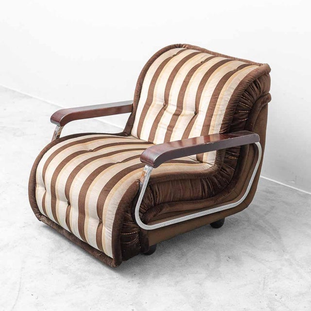 Brown Fabric Armchair with Wooden Armrests, 1970s For Sale - Image 4 of 10