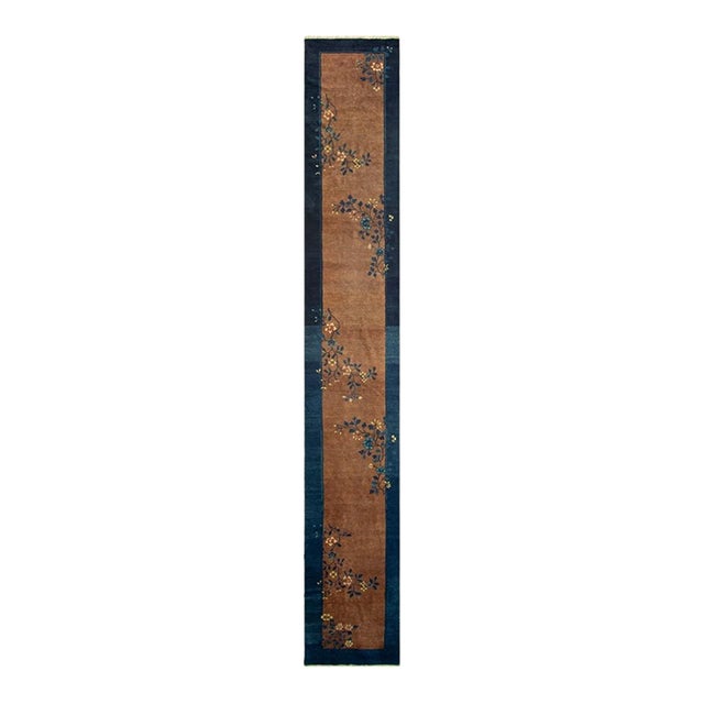 1920s Earthy Brown Antique Chinese Long Wool Floral Hallway Runner Peking Rug For Sale