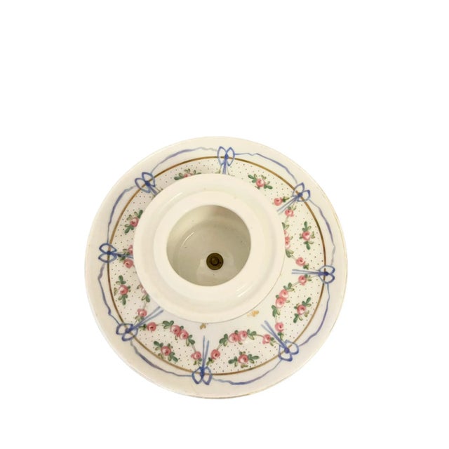 Antique Marie Antoinette Inspired Ribbon Decorated French Porcelain Covered Jar With Underdish For Sale - Image 6 of 7