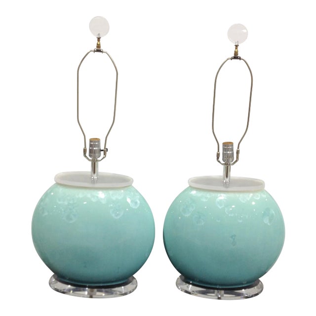 Vintage R. Dittmen Modern Blue Lucite Crystalline Glaze Ceramic Lamps - a Pair For Sale
