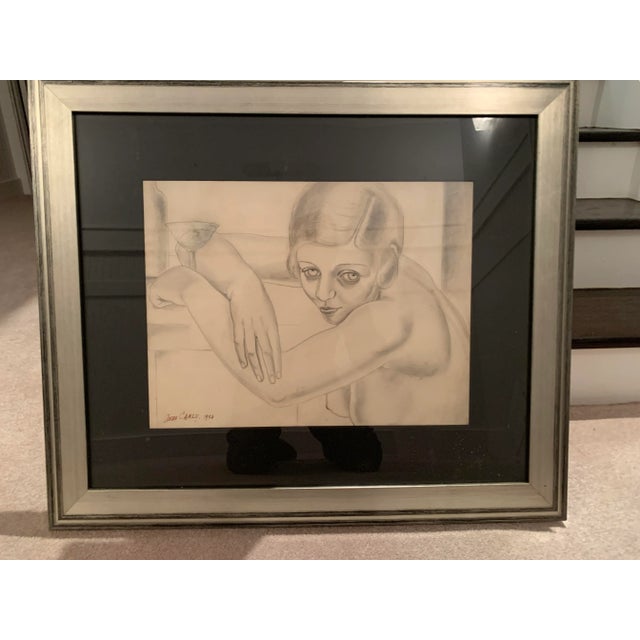 1934 Art Deco drawing by Anne Carlu in period frame. Great example of French Art Deco fine arts.