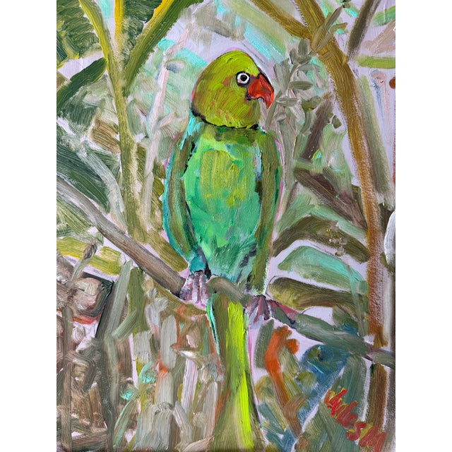 Wonderful green parrot in his dense habitat. Loose brush