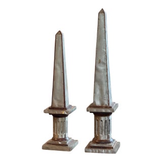 Pair of Polished Tin and Wood Obelisks For Sale
