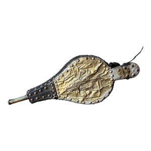 Antique Fireplace Bellows Black Leather and Wood With Embossed Brass Design