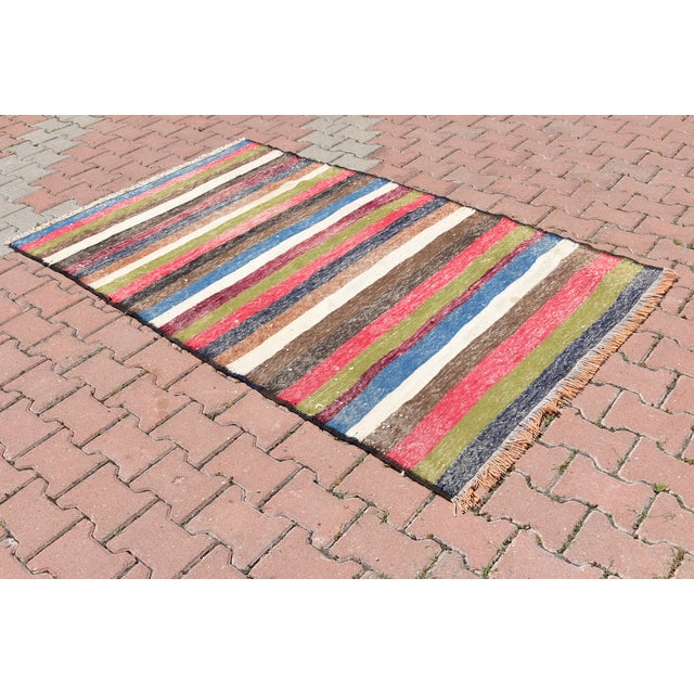 Hand Knotted Oushak Vintage Striped Pattern Turkish Kilim Runner - 4x7 Ft Size: 4.1 x 6.6 ft ( 125 x 202 cm) 49 x 80...