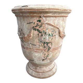 A French Terracotta Anduze Planter With Antiqued Spackle Finish and Staples For Sale