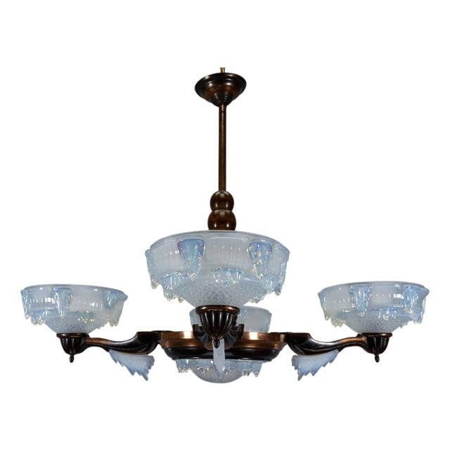 Art Deco French Coppered Metal and Opalescent Glass Chandelier from Ezan, 1930s For Sale