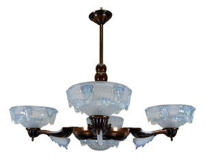 Art Deco French Coppered Metal and Opalescent Glass Chandelier from Ezan, 1930s