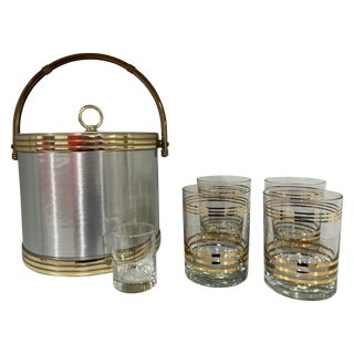 1950s Mid Century Modern Barewar Set Including Ice Bucket, 4 Glasses and a Shot Glass New in Box Vintage For Sale