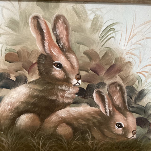Mid 20th Century Vintage Cutrona Wildlife Canvas Painting of Bunnies Artist Signed Framed For Sale - Image 10 of 12
