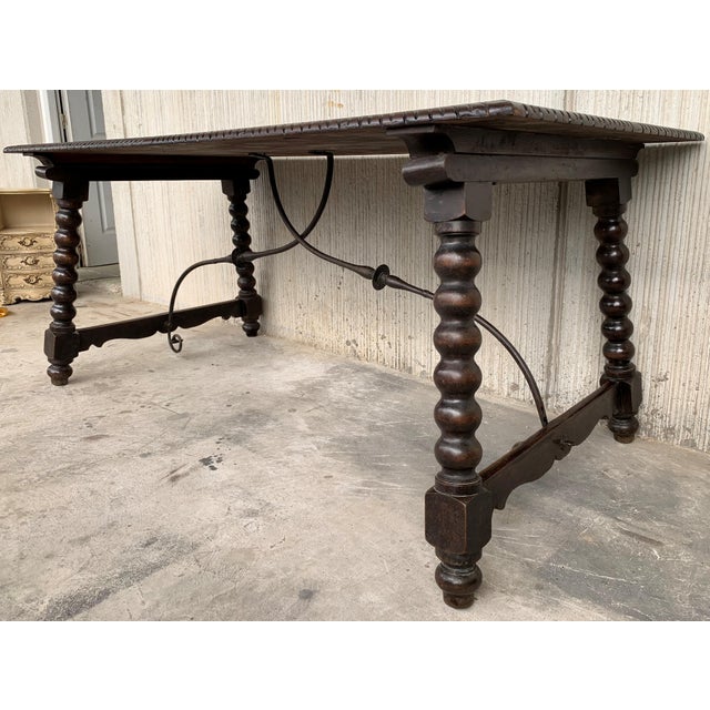 19th Baroque Spanish Farm Trestle Lyre Leg Dining Room Table With