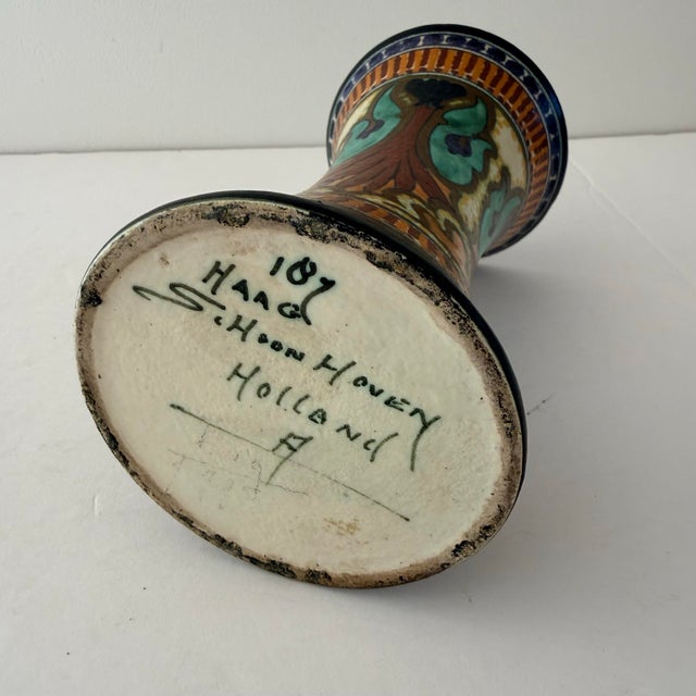 Antique 1920s Dutch Schoonhoven Gouda Art Pottery Hourglass Vase For Sale - Image 4 of 6