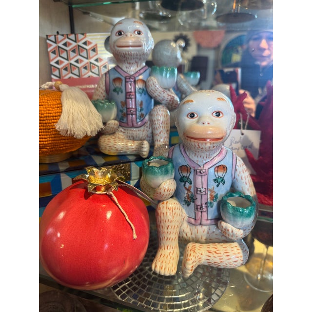 Vintage Chinoiserie Ceramic Seated Monkey Candleholders - A Pair For Sale - Image 9 of 9