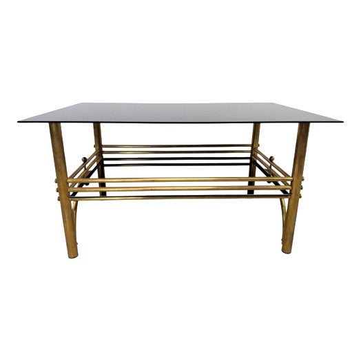 Hollywood Regency Postmodern Brass and Black Glass 2-Tier Coffee Table, 1960s For Sale