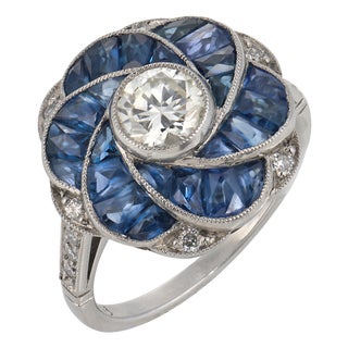 Art Deco Style Diamond Sapphire Platinum Ring, Size 6.5 For Sale