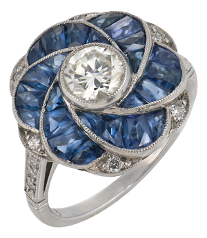 Art Deco Style Diamond Sapphire Platinum Ring, Size 6.5