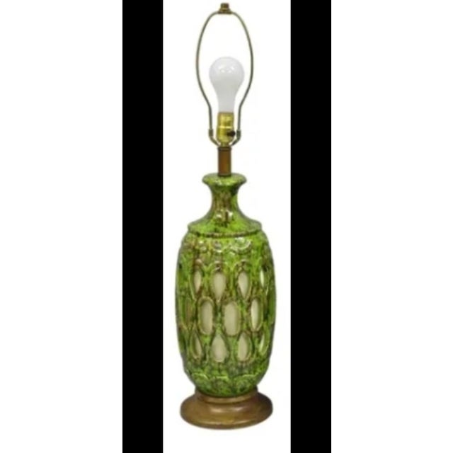 Vintage Mid Century Modern Green Lava Glazed Ceramic Pierced Table Lamps - Pair Quality is Key Decor
