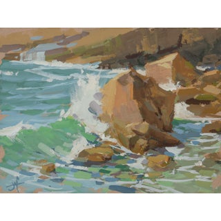 Hold Firm by Judd Mercer | Gouache On Paper Seascape with waves crashing on rocks For Sale
