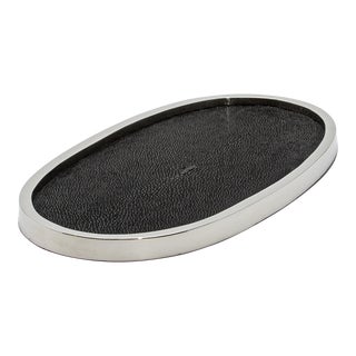 Oval Tray in Black Shagreen With Polished Stainless Steel by Kifu Paris For Sale