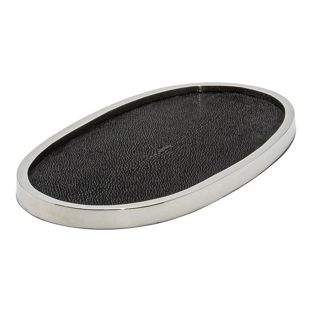 Oval Tray in Black Shagreen With Polished Stainless Steel by Kifu Paris For Sale