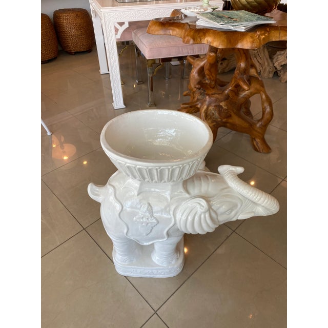 Hollywood Regency Vintage Large White Plaster Elephant Garden Plant Stand Planter For Sale - Image 3 of 13