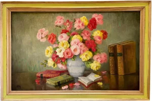 Marie-Madeleine de Rasky, Roses and Books, Oil on Canvas, Framed