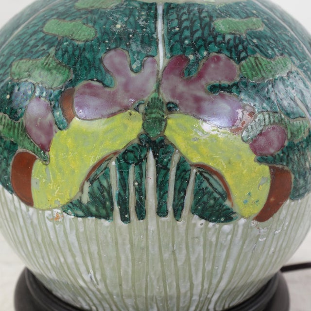 Antique Famille Rose Bok Choy Porcelain Table Lamp With Cabbage Leaf and Butterfly Motif For Sale - Image 11 of 13