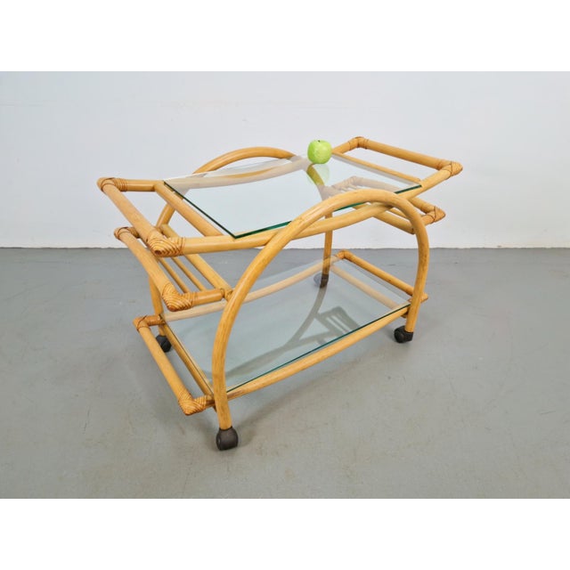 Vintage Rattan and leather trolley, bar cart, Italy 1970 Very beautiful trolley, made in Italy in the 1970s. The trolley...