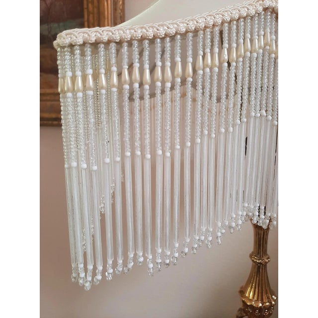 Mid 20th Century Antique Silk Fringe Beaded Lampshade Pearl Glass For Sale - Image 5 of 9