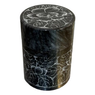 Etched Grey Marble Cylindrical Box For Sale