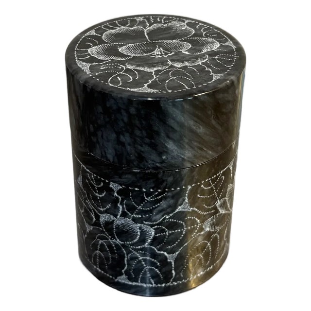 Etched Grey Marble Cylindrical Box For Sale