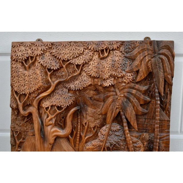 Teak Hand Carved Plaque Large 3d Wood Relief Balinese Tropical Wall Art For Sale - Image 4 of 11
