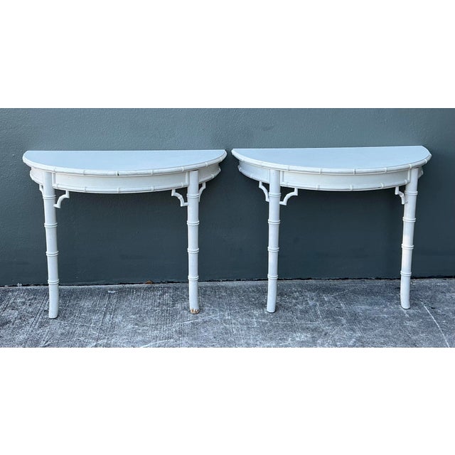 Late 20th Century Vintage Faux Bamboo Wall Mount Demilune Console Tables - A Pair For Sale - Image 5 of 12