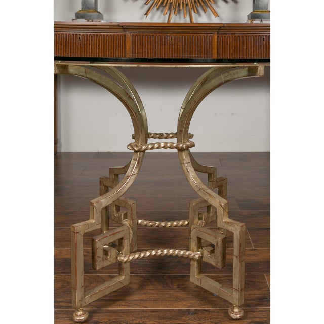 Silver Midcentury French Silver Leaf Iron Table with Glass Top and Greek Key Motifs For Sale - Image 8 of 12