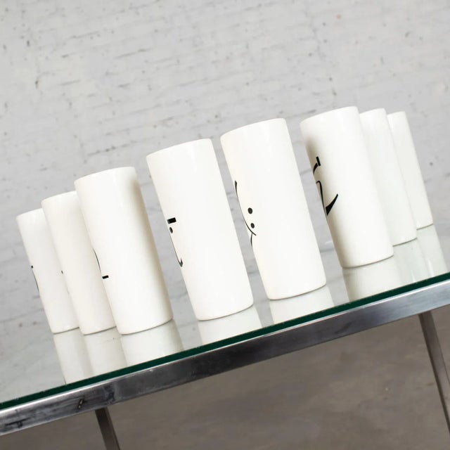 White Vintage Mid-Century Modern Tumblers or Vases Ceramic White & Black With Asian Symbols, Set 8 For Sale - Image 8 of 13