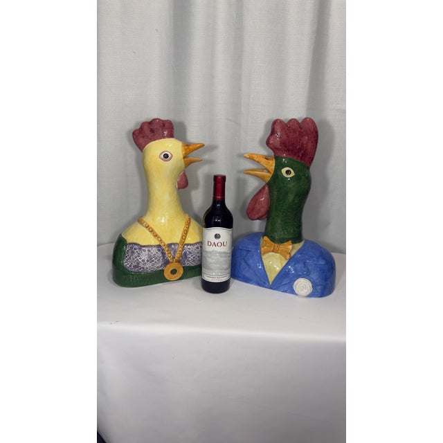 Hollywood Regency Late 20th Century Hand-Painted Italian Majolica Anthropomorphic Rooster and Hen Busts by Turtle and Crane - Palm Beach Regency Whimsy For Sale - Image 3 of 12