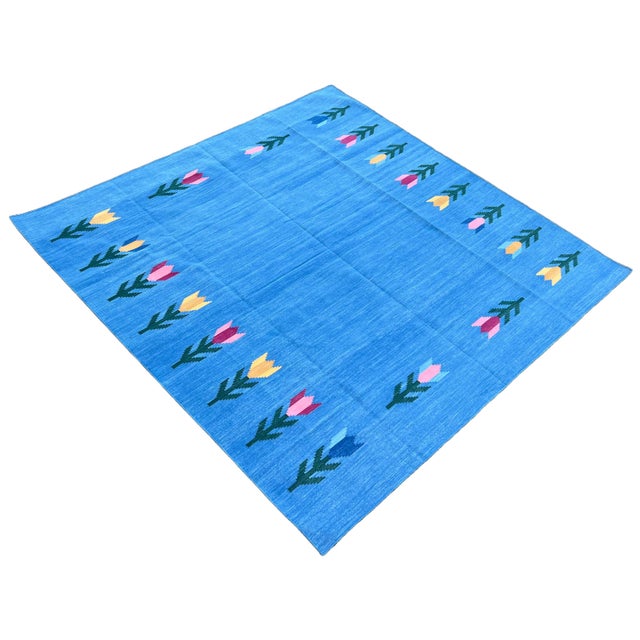 Mid-Century Modern Handmade Cotton Rug, Natural Vegetable Dyed Sky Blue Leaf Pattern Rug Dhurrie - 8'x8' For Sale - Image 3 of 11