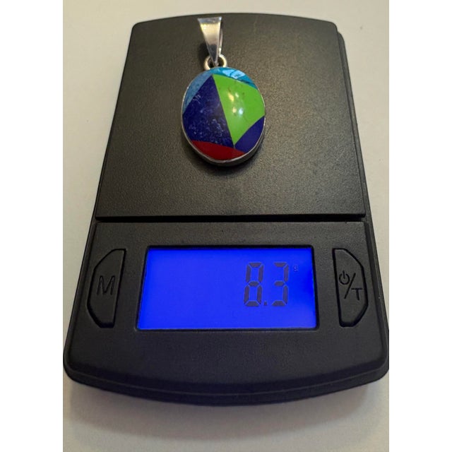 Mexican late 20th Century Sterling Silver Multi Color Inlay Pendant Mexico .925 For Sale - Image 3 of 7