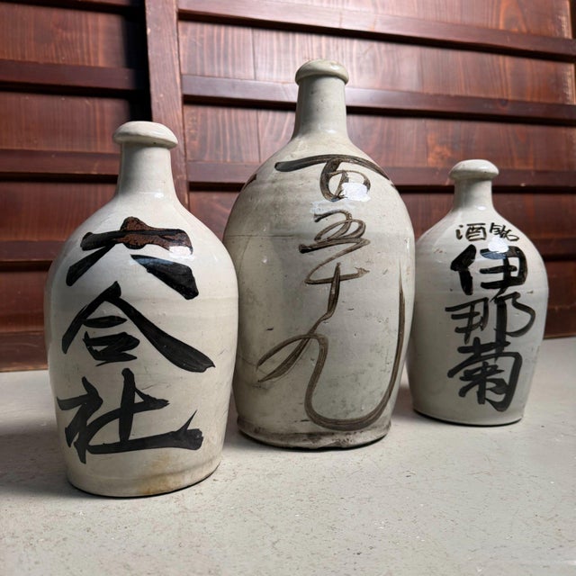 1940s Japanese Tokkuri Sake Bottles with Calligraphy, 1940s, Set of 3 For Sale - Image 5 of 11