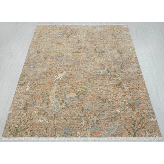 Tribal 8x10Ft. Light Brown Peacock Wool Rug, Hand Knotted Birds Garden For Sale - Image 3 of 3