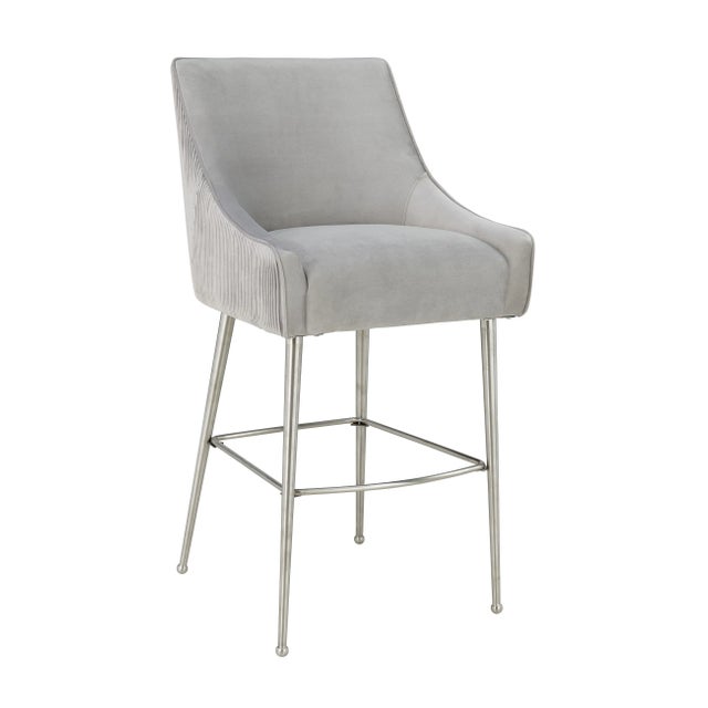 Metal Beatrix Pleated Light Grey Velvet Bar Stool with Silver Legs For Sale - Image 7 of 7
