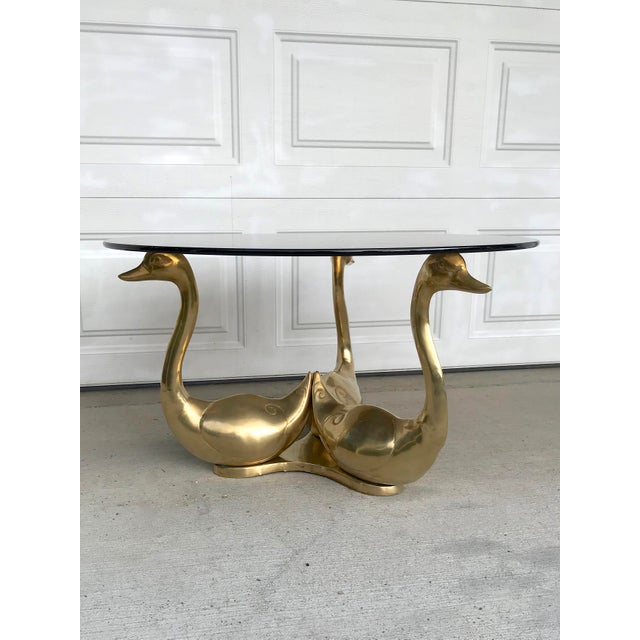 Hollywood Regency Brass Swan Coffee Table With Round Smoke Glass Top