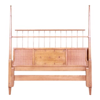 Thomasville Mid-Century Modern Bleached Mahogany, Brass, and Rattan Queen Size Headboard, 1950s For Sale