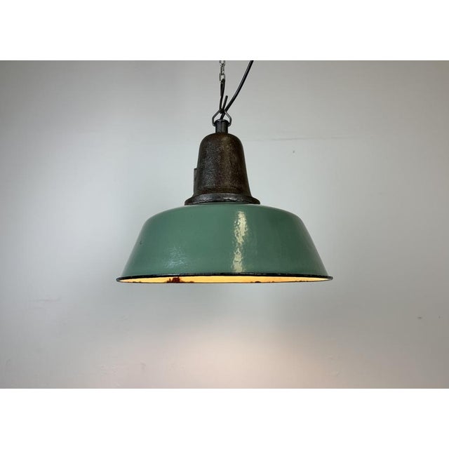 Industrial Green Enamel Factory Lamp with Cast Iron Top, 1960s For Sale - Image 14 of 17