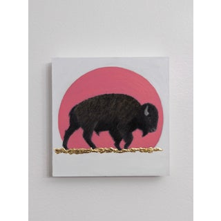 Rose Sunset by Tammy Liu-Haller | Charcoal, pastel, ink, acrylic on panel depicting a bison silhouette. For Sale