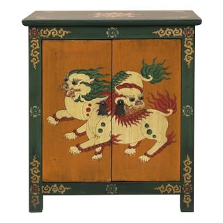 Tibetan Oriental Green Orange Foo Dogs Lions End Table Nightstand For Sale
