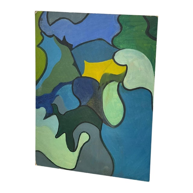 Vintage Abstract Geometric Acrylic Painting on Canvas Board in Blue and Green Tones.. For Sale - Image 4 of 10