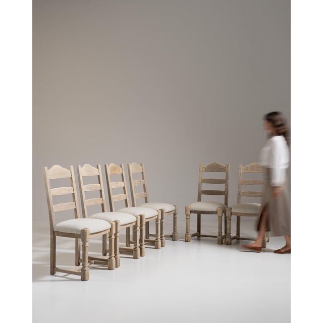 Set of Six 1970s French Beige Oak Dining Chairs with Upholstered Seats For Sale - Image 11 of 15
