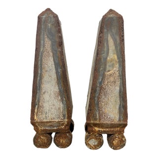 Pair, Vintage Distressed Tole Obelisk Form Sculptures For Sale