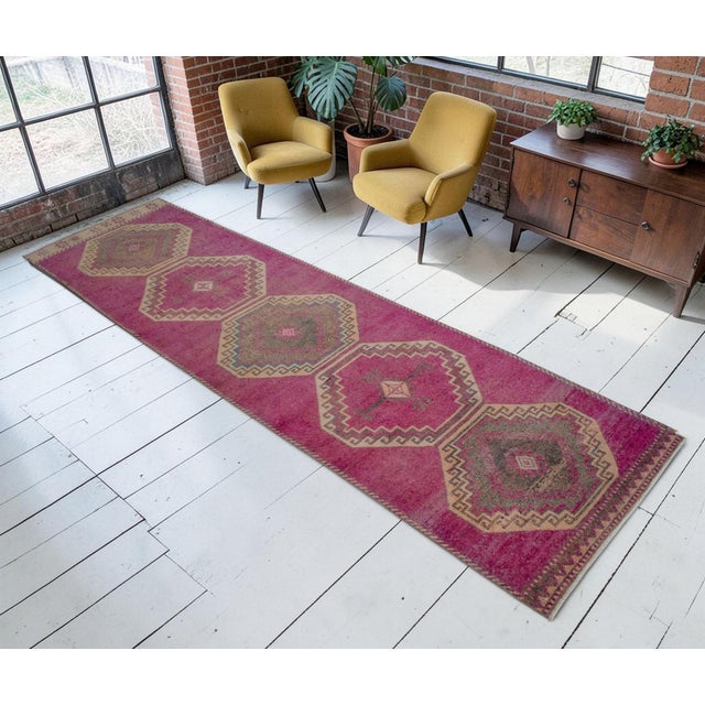 Mid-Century Modern Hand-Knotted Turkish Runner Rug Hallway Rug, Kitchen Runner, Bed Side Accent - 3′ × 11′3″ For Sale - Image 3 of 13